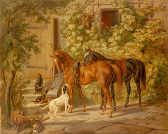 Two Horses Playing With Dogs Next to House After a Hunt Painting for Digital Download | Digitally Enhanced Posters, Prints & Wall Art