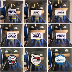 May include: Nine different Funimation and Dallas Comic Con exclusive Batman Pop figures. The figures are all in blue and gray and have different stickers on the front.