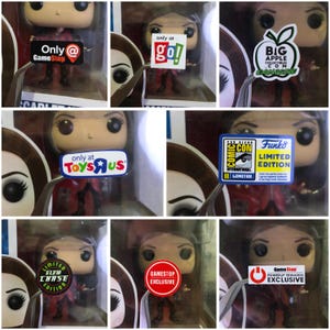 May include: A selection of Funko Pop figures of a character in a clear display case. Each figure has a different sticker, including "GameStop Exclusive", "Glow Chase Edition", and "Limited Edition".