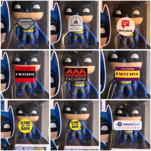 May include: A collection of nine Batman Pop! Vinyl figures, each with a different exclusive sticker. The stickers include "Diamond Collection", "Disney Parks Exclusive", "Walgreens Exclusive", "AAA Anime Exclusive", "Glows in the Dark", and "Galactic Toys Exclusive".