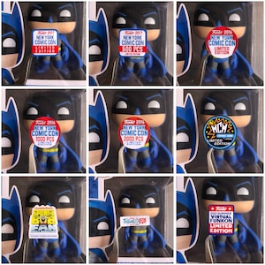 Könnte beinhalten: Neun verschiedene Batman Funko Pop Figuren mit verschiedenen limitierten Edition Aufklebern. Die Aufkleber beinhalten die New York Comic Con, die MCM Comic Con London und die Funko Virtual Edition.