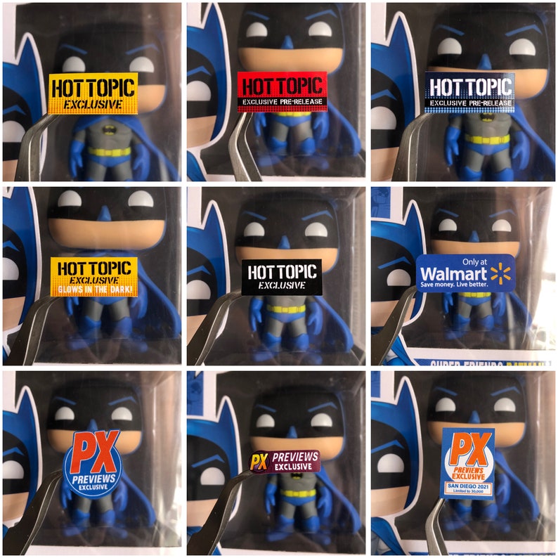 May include: A collection of nine Batman Pop! Vinyl figures, each with a different exclusive sticker. The stickers include Hot Topic, Walmart, and PX Previews.