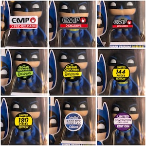 May include: Nine different versions of a Batman Funko Pop figure. Each figure is in a clear plastic box with a sticker on the front. The stickers are different colors and have different text. The text on the stickers includes "EMP", "Pre-Release", "Exclusive", "Gemini Collectibles", "Limited", "Pieces", "Edition", "Convention", and "Super Friends Batman".