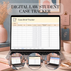 Peut inclure: Un suivi de dossiers pour étudiants en droit numérique affiché sur un écran d'ordinateur portable, présentant une mise en page de feuille de calcul avec des colonnes pour le nom du dossier, le numéro, la date, le sujet, le statut et les notes.