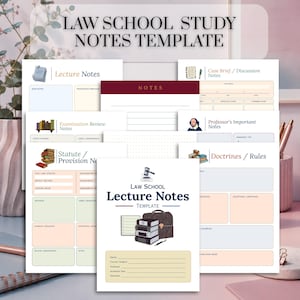 Może przedstawiać: Cyfrowy szablon notatek do nauki prawa z wieloma układami stron, w tym Lecture Notes, Case Brief, Examination Review, Statute Provision oraz Doctrines Rules, z których każdy zawiera uporządkowane sekcje na dane akademickie.