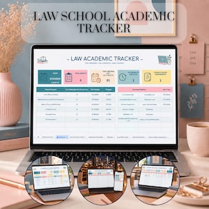 May include: A laptop screen displaying a Law Academic Tracker digital dashboard with colorful data boxes, subject lists, and deadline tables. The interface includes text labels for subjects, meetings, and exams, with three circular insets showing similar views.