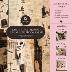 Puede incluir: Una colección de 12 diseños de papel digital con temas legales que incluyen ilustraciones de mazos, balanzas de justicia, libros de leyes, columnas y documentos antiguos en tonos sepia. El texto dice Lawyer Digital Paper Legal Scrapbook Paper.