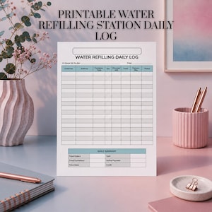 Könnte beinhalten: Ein druckbares tägliches Protokollblatt für eine Wasserabfüllstation mit der Überschrift WATER REFILLING DAILY LOG und einer Tabelle mit Spalten für Kunden, Adresse, Behältertyp, Menge, Einzelpreis, Gesamtbetrag, Lieferant und Status.