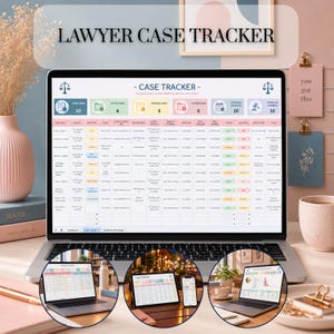 以下が含まれることがあります： ノートパソコンの画面に表示された弁護士用ケーストラッカーのデジタルスプレッドシート。事件名、番号、種類、依頼人、連絡先、相手方、裁判所、弁護士、日付、ステータス、優先度、次のアクション、メモなどの列と、概要メトリクスが含まれています。