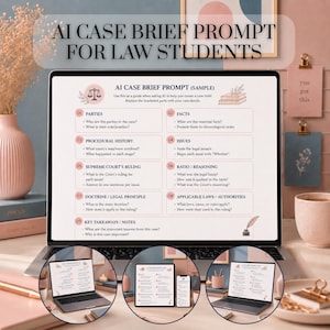 Könnte beinhalten: Ein digitales Dokument mit dem Titel AI CASE BRIEF PROMPT FOR LAW STUDENTS auf einem Laptop-Bildschirm. Die Vorlage enthält neun Abschnitte: Parteien, Fakten, Verfahrensgeschichte, Fragen, Urteil, Begründung, Lehre, Anwendbare Gesetze und Notizen.
