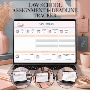 Può includere: Una dashboard digitale per il monitoraggio di compiti e scadenze di giurisprudenza visualizzata su uno schermo di un computer portatile. L'interfaccia presenta sezioni per letture, compiti, esami e monitoraggio dei progressi con icone e tabelle.