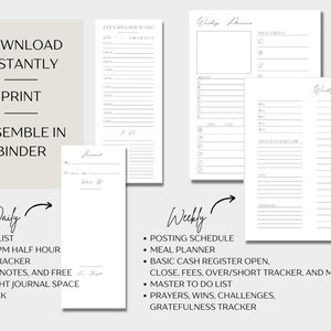 May include: Printable planner pages for daily and weekly organization. The pages include sections for to-do lists, task trackers, meal planning, and more. The text "Let's Do Good Work" is at the top of the daily page.