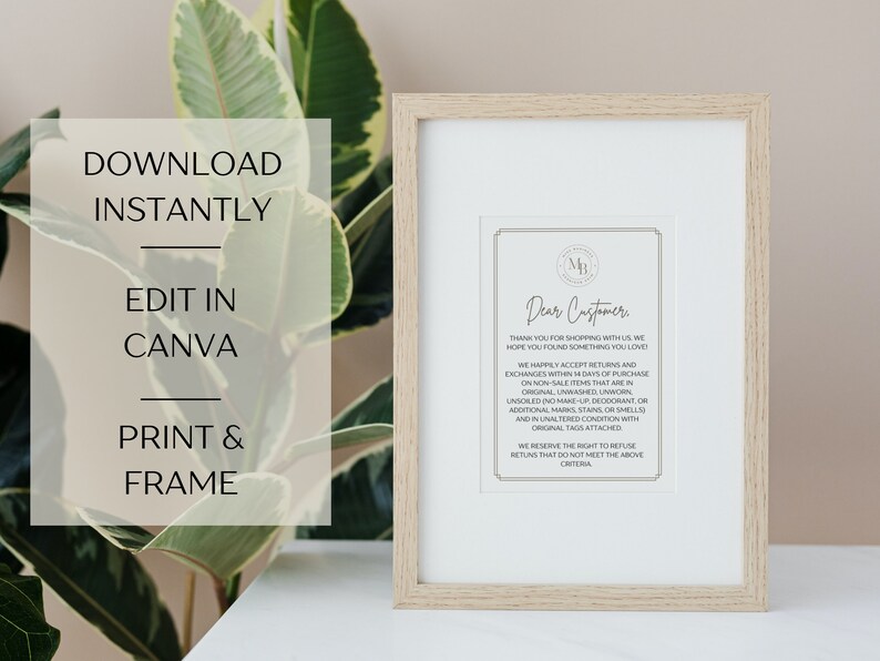 Simple Return Policy Template, DIY Printable Business Card Design, Editable Return Policy