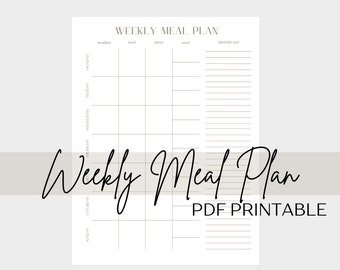 Weekly Meal Plan Printable | Food Planner | Grocery List Printable | Digital File | 7 Day Menu Planner | A4 Letter Goodnotes