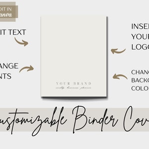 May include: A customizable binder cover template with the text "YOUR BRAND" and "simply business planner" in a cursive font. The template is beige with a white background and can be edited in Canva.