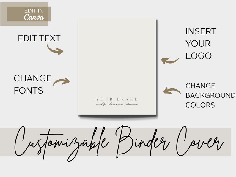 May include: A customizable binder cover template with the text "YOUR BRAND" and "simply business planner" in a cursive font. The template is beige with a white background and can be edited in Canva.