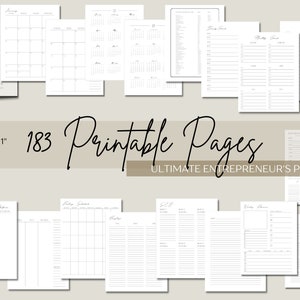 May include: A collection of 183 printable pages for an entrepreneur's planner, measuring 8.5" x 11". The pages include monthly calendars, daily schedules, goal setting worksheets, and more.