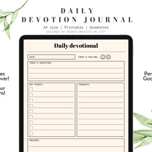 Pode incluir: Um modelo de diário de devoção diário imprimível para Goodnotes, com seções para data, escritura, pontos chave, pensamentos e orações. O modelo é projetado em cor creme com texto preto e linhas.