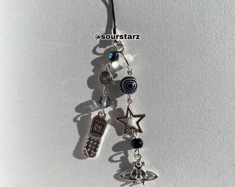 black white and silver punk rock phone charm / phone strap/ y2k flip phone and nana planet charm