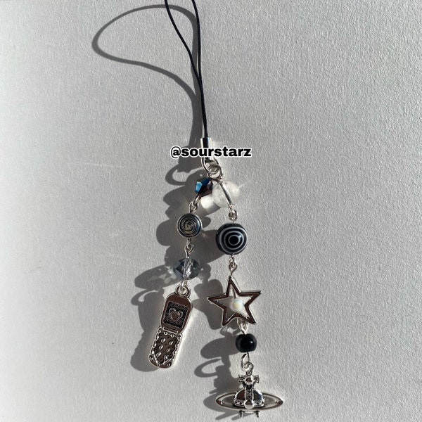 black white and silver punk rock phone charm / phone strap/ y2k flip phone and nana planet charm