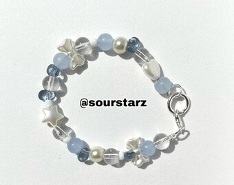 blue and white beaded bracelet - ocean blue, bows, pearls, stars