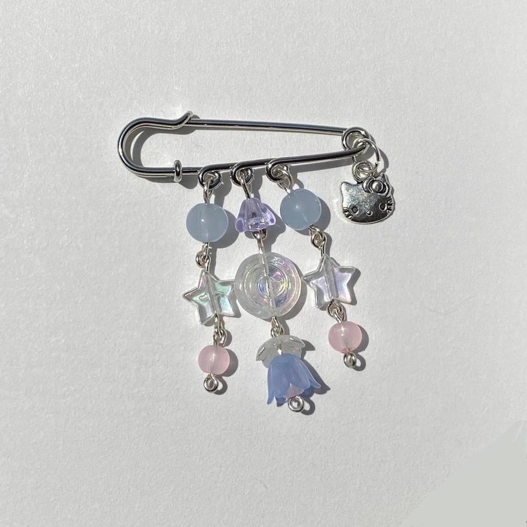 Iridescent Safety Pin Bag Charm With Silver Kitty Charm Etsy