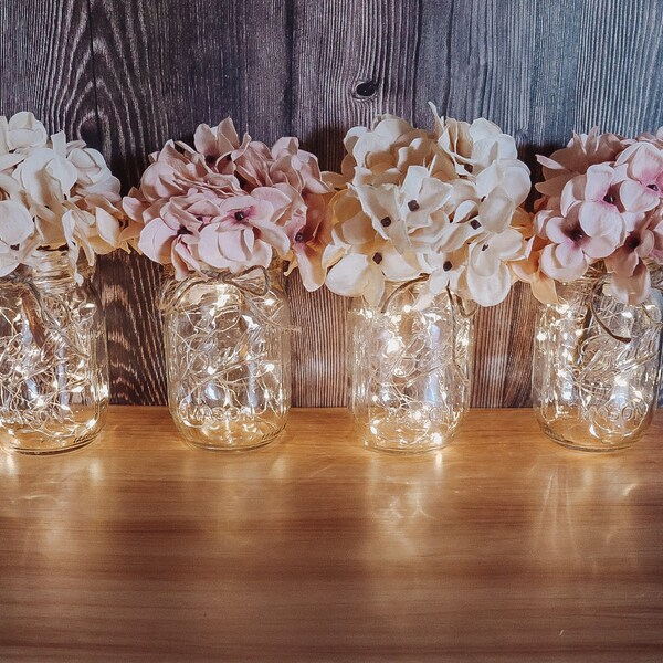 Farmhouse Centerpiece — Farmhouse Decor — Rustic Decor — Shabby Chic — Mason Jars — Fairy Lights — Twine Bow — Romantic Decor — Home Decor