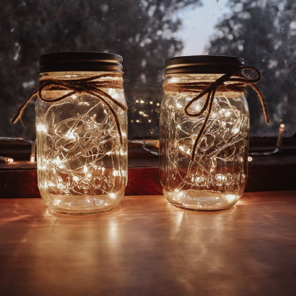 Mason Jars w/ Fairy Lights — Rustic — Twine Bow — Mason Jar Centerpiece — Farmhouse Decor — Fairy Lights — Country Chic