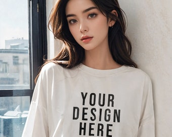 BC047 - White Bella Canvas 3001 Mockup, Tshirt Mockup, Styled Shirt Mockup, product Mockup template, Womens mockup, Asian Girl tshirt Mockup