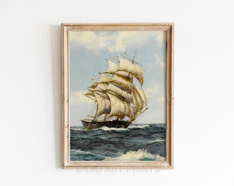 Vintage Sailing Ship Oil Painting | Antique Mid 1800s Wall Art | Nautical Wall Art | Digital Printable Art Download Files | 142