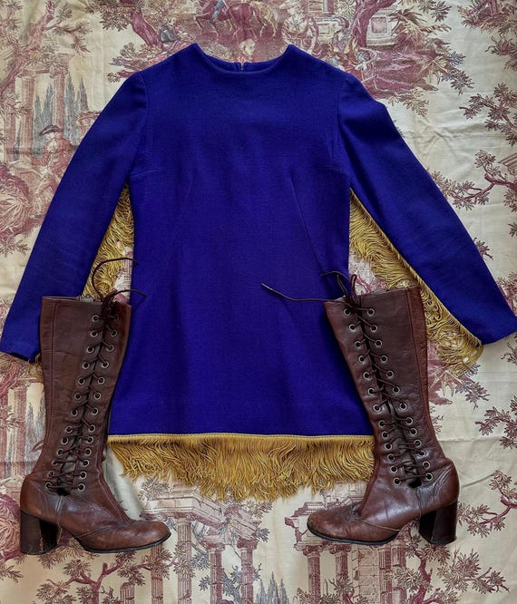 1960s Mod Purple Mini Dress with Gold Fringe