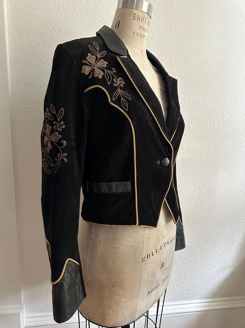 80s Black Gold Leather/suede Embellished Cardigan Coat By Graced by Starr