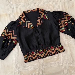 Gorgeous 1930&#39;s Black Satin Embroidered Blouse