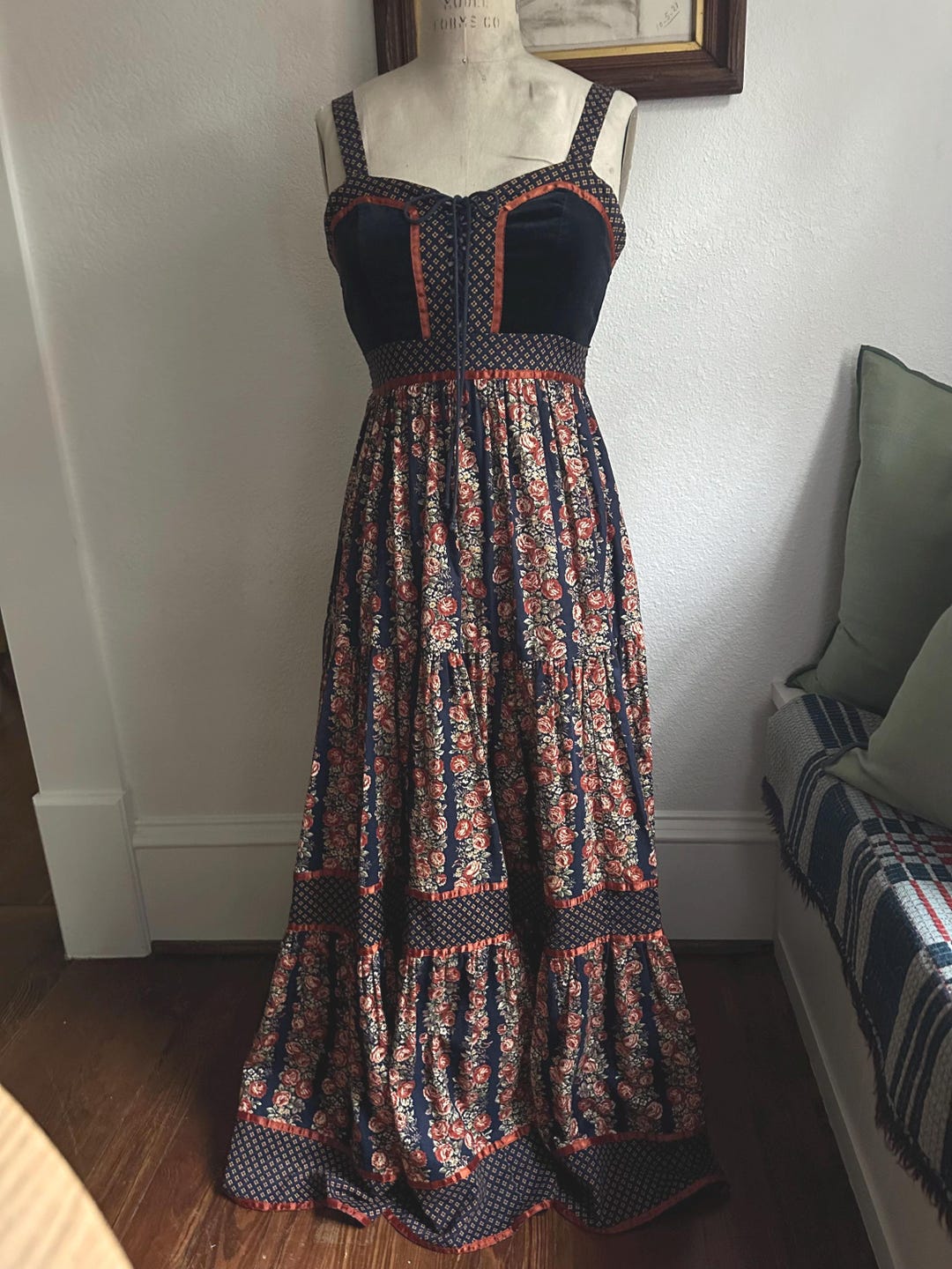 1970s Gunne Sax Maxi Dress: Navy Cabbage Rose Print, Velvet Corset ...