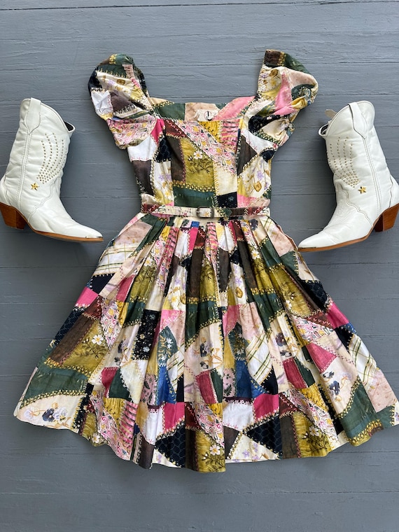 patchwork dress short Adorable 1950's Faux Patchwork Print Dress