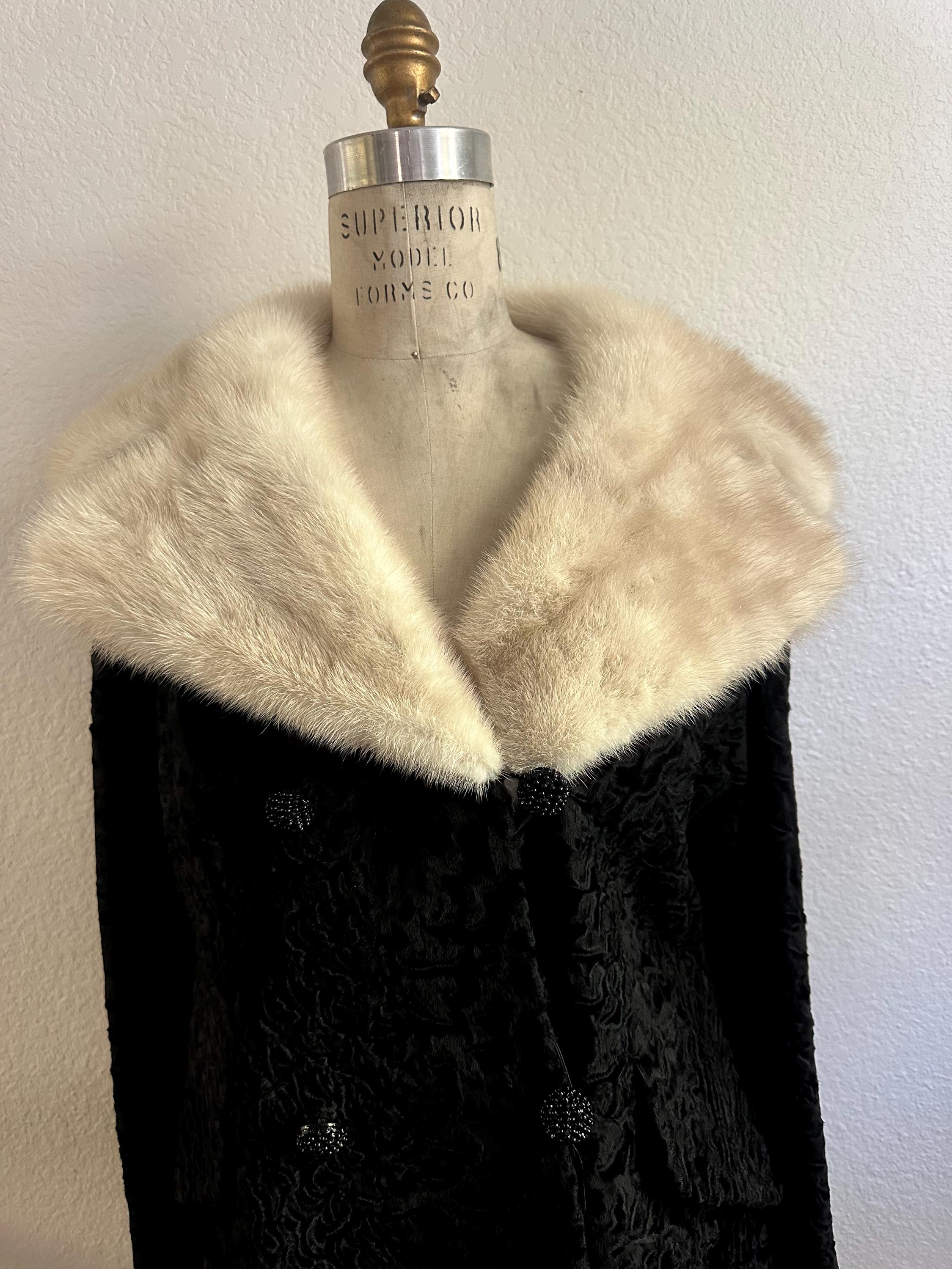 Vintage 1950's Black Curly Lambs Wool Coat With White Mink Vintage 1950's Black Curly Lambs Wool Coat With White Mink