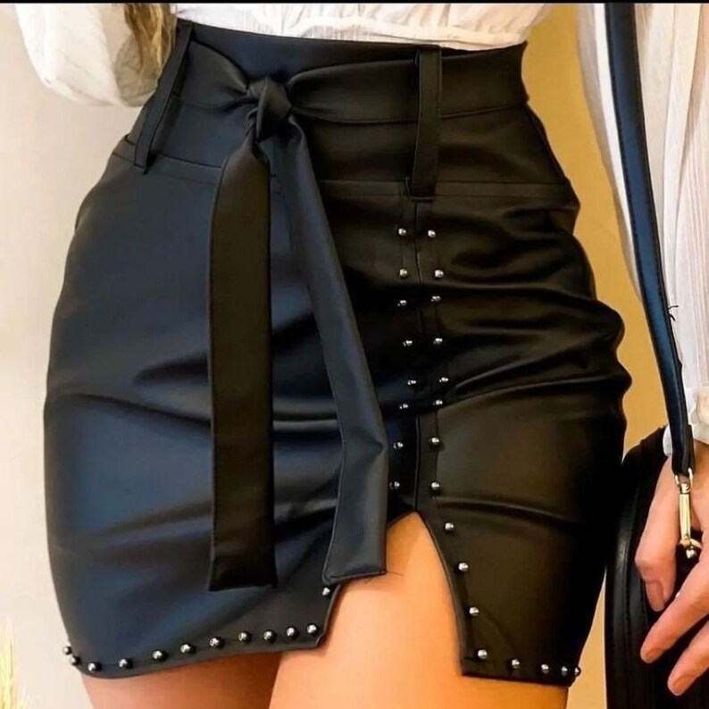 Women's High Waisted Mini Skirt, Black Leather Skirt With Decorative