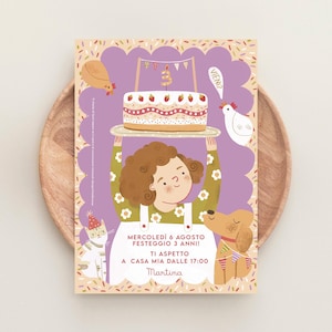 May include: A whimsical birthday invitation featuring a girl holding a cake with a number 3 candle. The invitation includes illustrations of a chicken, cat, and dog. Text on the invitation reads "MERCOLED&Igrave; 6 AGOSTO FESTEGGIO 3 ANNI! TI ASPETTO A CASA MIA DALLE 17:00 Martina."