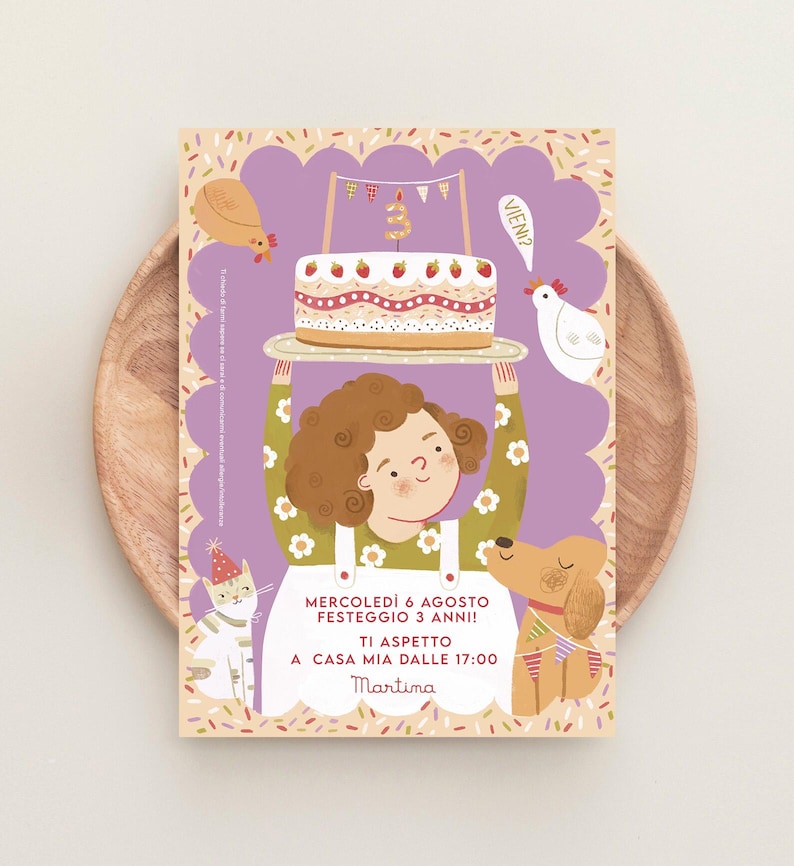 May include: A whimsical birthday invitation featuring a girl holding a cake with a number 3 candle. The invitation includes illustrations of a chicken, cat, and dog. Text on the invitation reads "MERCOLED&Igrave; 6 AGOSTO FESTEGGIO 3 ANNI! TI ASPETTO A CASA MIA DALLE 17:00 Martina."