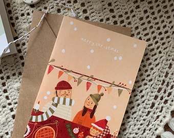 Christmas Card – Family Christmas Market with Child – Festive Holiday Illustration – Kraft Envelope & Wooden Clip