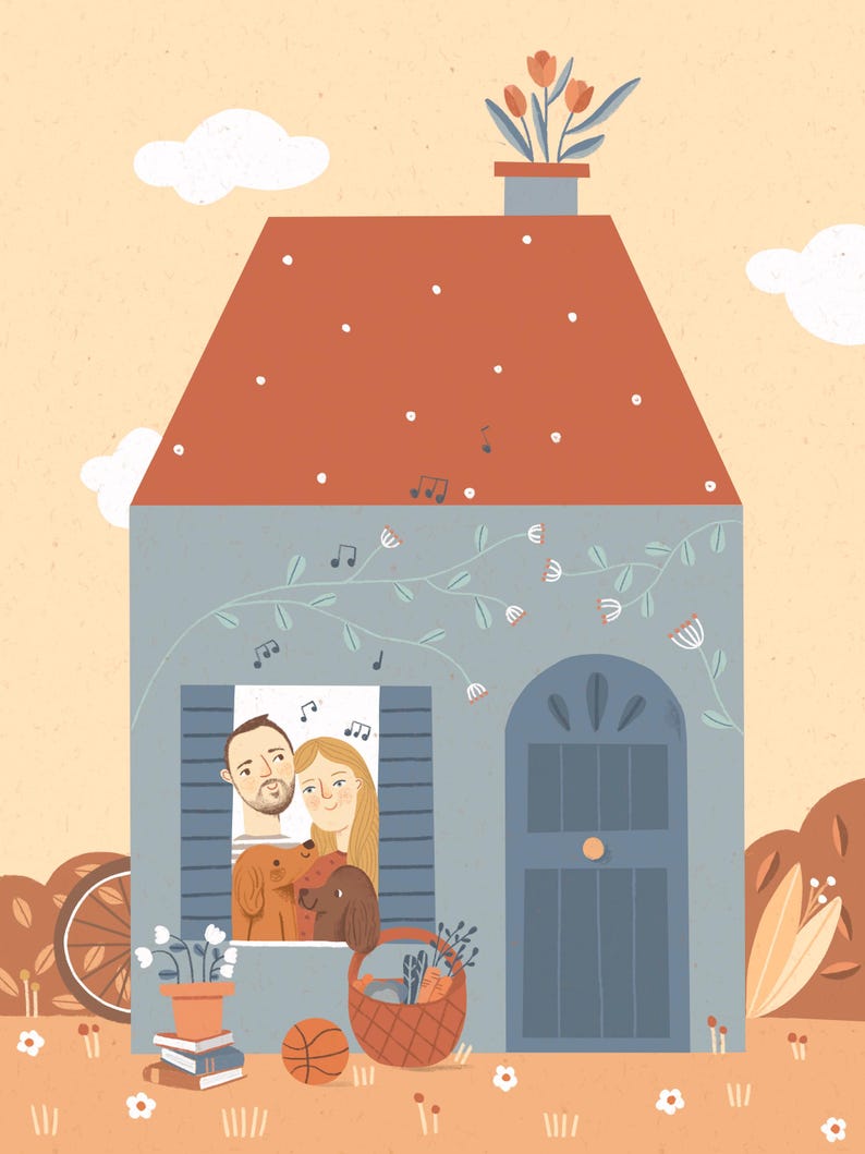 May include: A cartoon illustration of a couple and their dog looking out of a window of a blue house with a red roof. The house has a flower pot on the roof and a basket of flowers in front of the door. There are musical notes floating around the house.