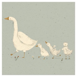 May include: An illustration of a white goose leading three smaller goslings across a light blue background. The goose and goslings are walking in a line, with small flowers and grass scattered below.