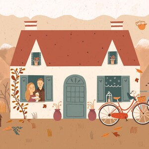 May include: A white cottage with a red roof and green door. A family of three is looking out the window. There are two bicycles parked in front of the house. The scene is set in an autumnal landscape with fall foliage and a deer.