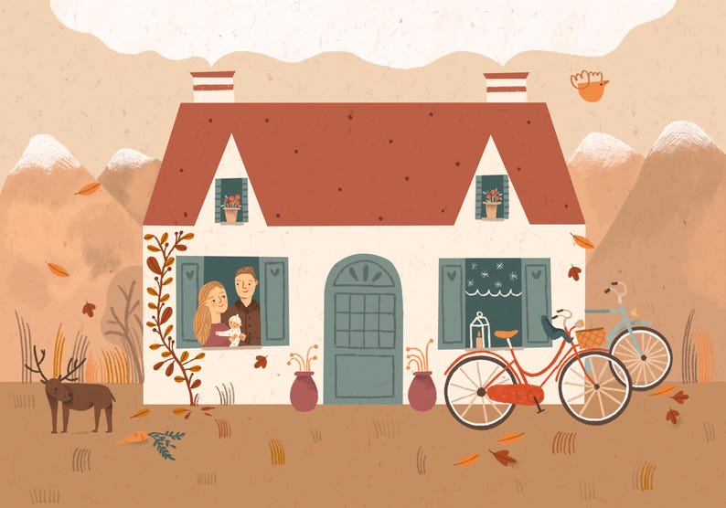 May include: A white cottage with a red roof and green door. A family of three is looking out the window. There are two bicycles parked in front of the house. The scene is set in an autumnal landscape with fall foliage and a deer.