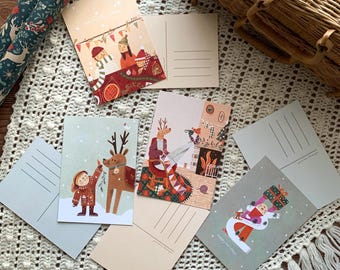 Christmas Illustrated Postcards – Set of 4, Art Print Holiday Cards, Handmade Greeting Cards