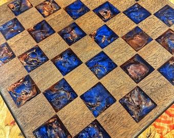 Copper & Blue Epoxy and Wood Chessboard. Customizable Colours
