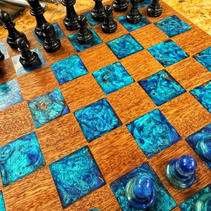 Cosmic Molten Blue Epoxy Resin & Wood Chessboard with Matching Pieces