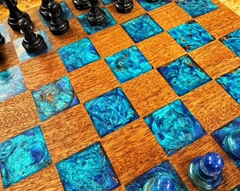 Cosmic Molten Blue Epoxy Resin & Wood Chessboard with Matching Pieces