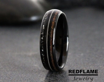 Guitar String Meteorite Wedding Ring Dinosaur Bone Meteorite Rose Gold Yellow Silver Band Tyrannosaurus Rex T-Rex Gibeon Tungsten Black Gray
