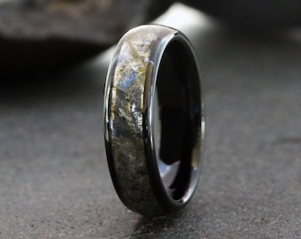 Labradorite Wedding Ring, Black Ring, Rose Gold Black Yellow Silver Gray Tungsten Wedding Ring, Mens Ring, RedFlame Jewelry